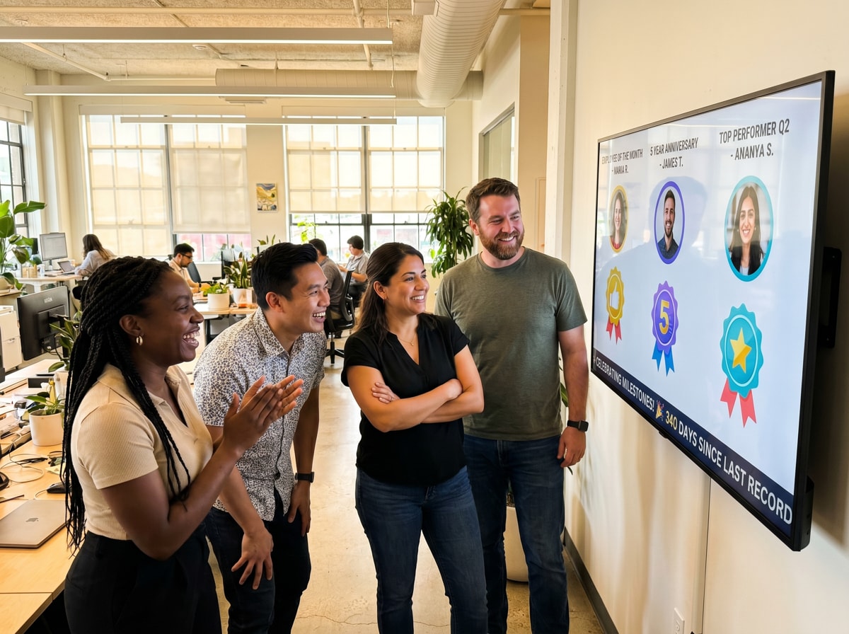Office team celebrates achievements, smiling at a screen displaying employee awards and milestones in a bright workspace.