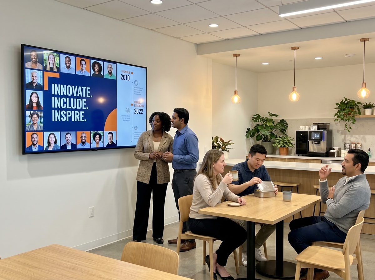 Office meeting with diverse team discussing "Innovate. Include. Inspire." on screen, while others chat at a table in break room.