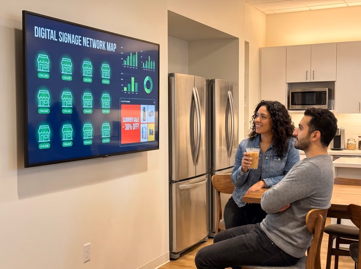 Two people in a kitchen watch a digital signage network map on a screen, showing online stores and sales data.