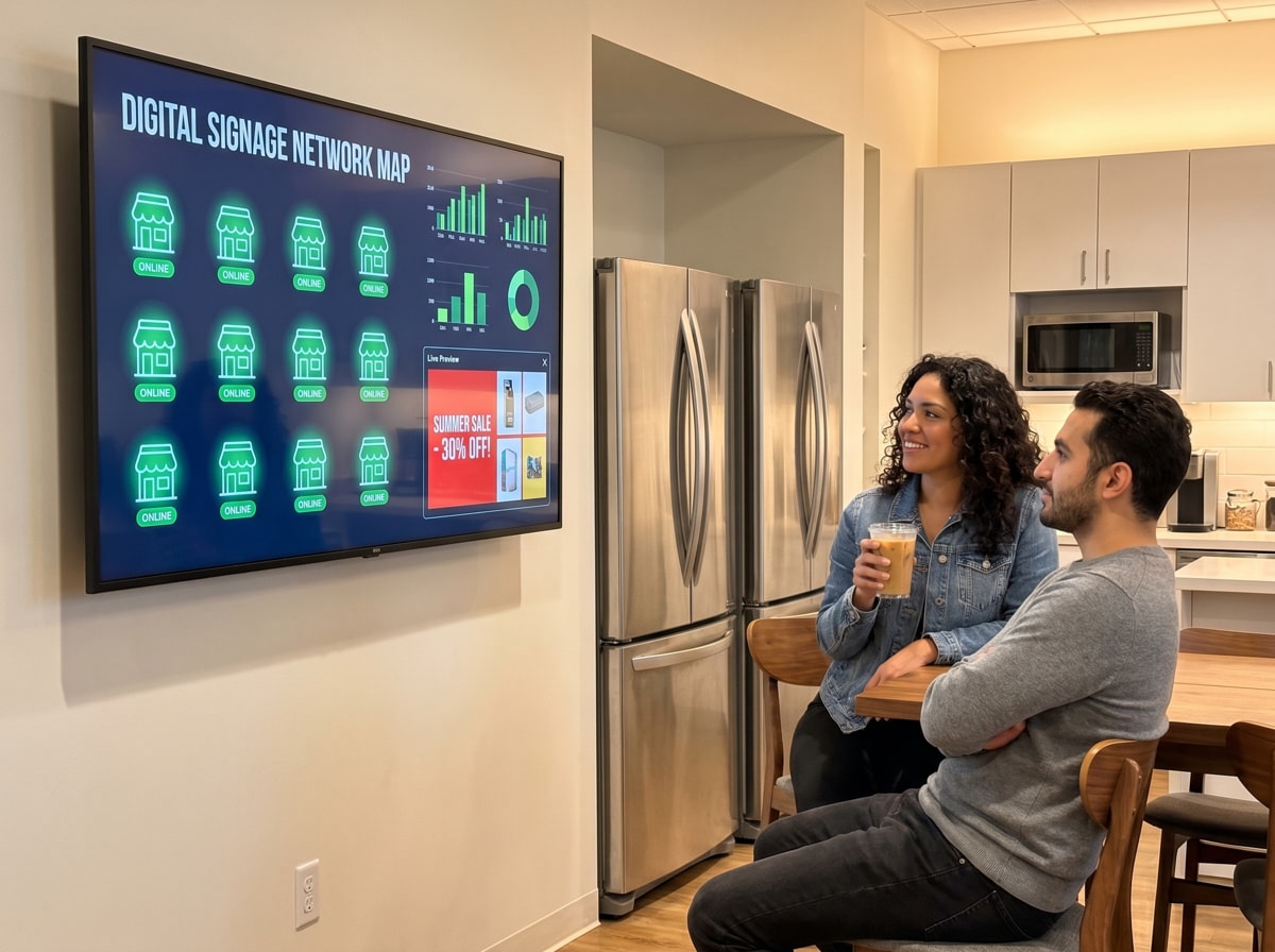 Two people in a kitchen watch a digital signage network map on a screen, showing online stores and sales data.