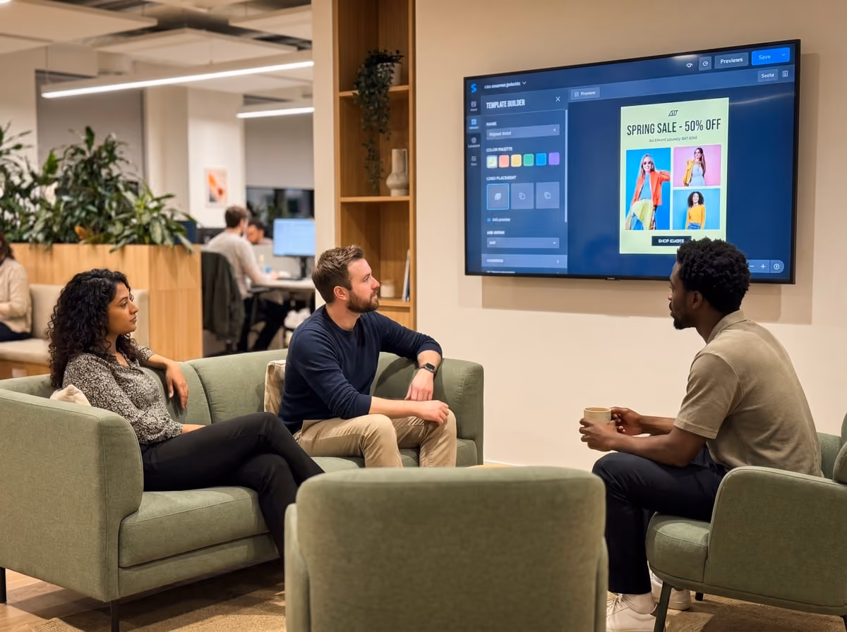 Three colleagues discuss a spring sale ad on a screen in a modern office, seated on green sofas, with plants in the background.