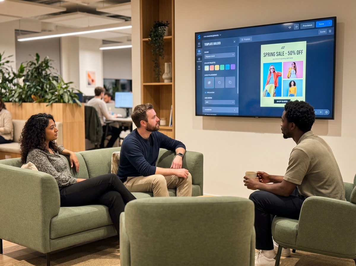 Three colleagues discuss a spring sale ad on a screen in a modern office, seated on green sofas, with plants in the background.