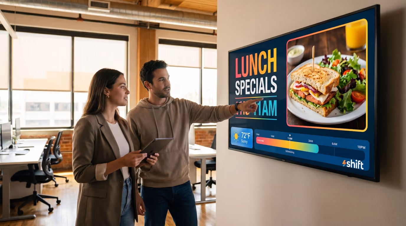 Two people discuss lunch specials on a digital screen showing a sandwich and salad, with weather info at 72°F and sunny.