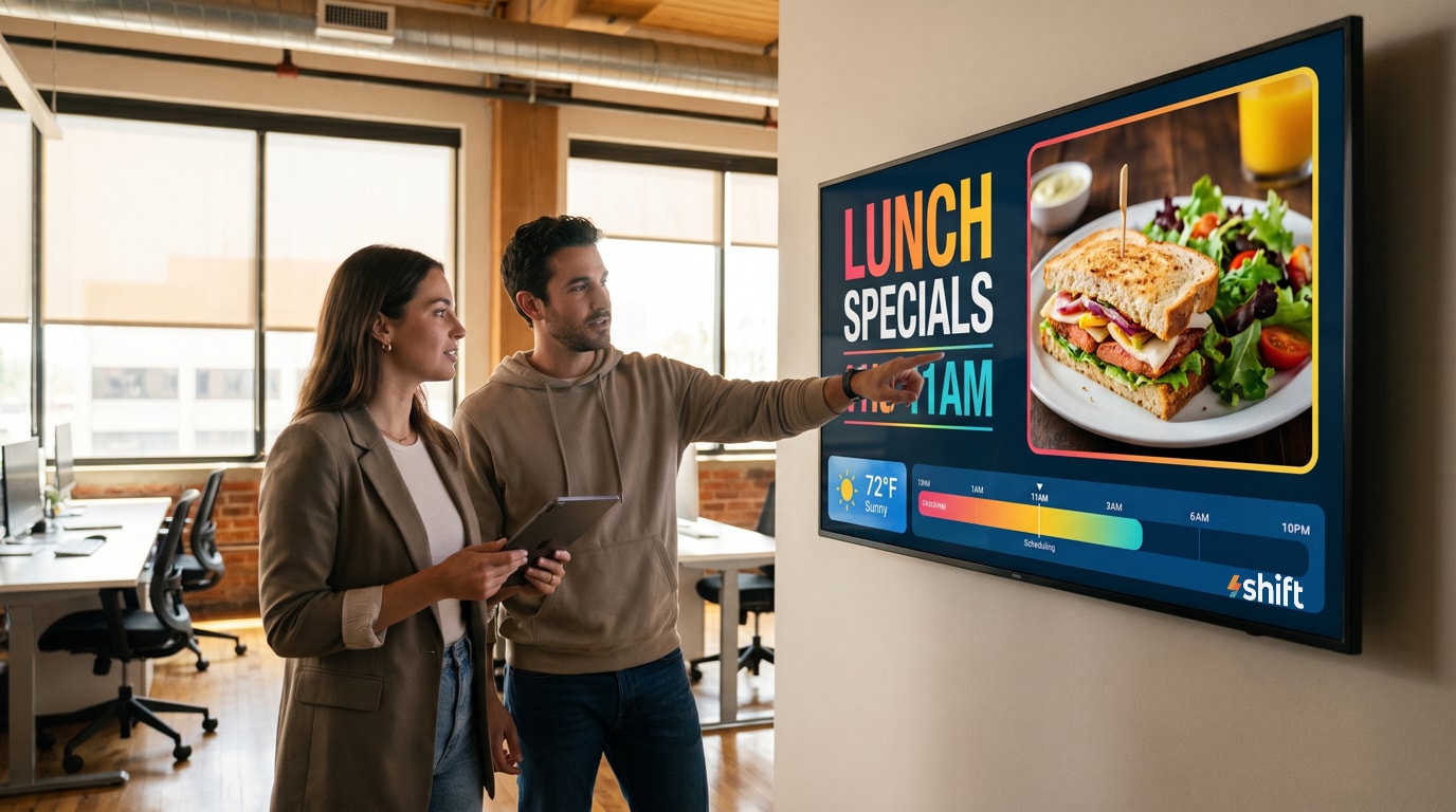 Two people discuss lunch specials on a digital screen showing a sandwich and salad, with weather info at 72°F and sunny.