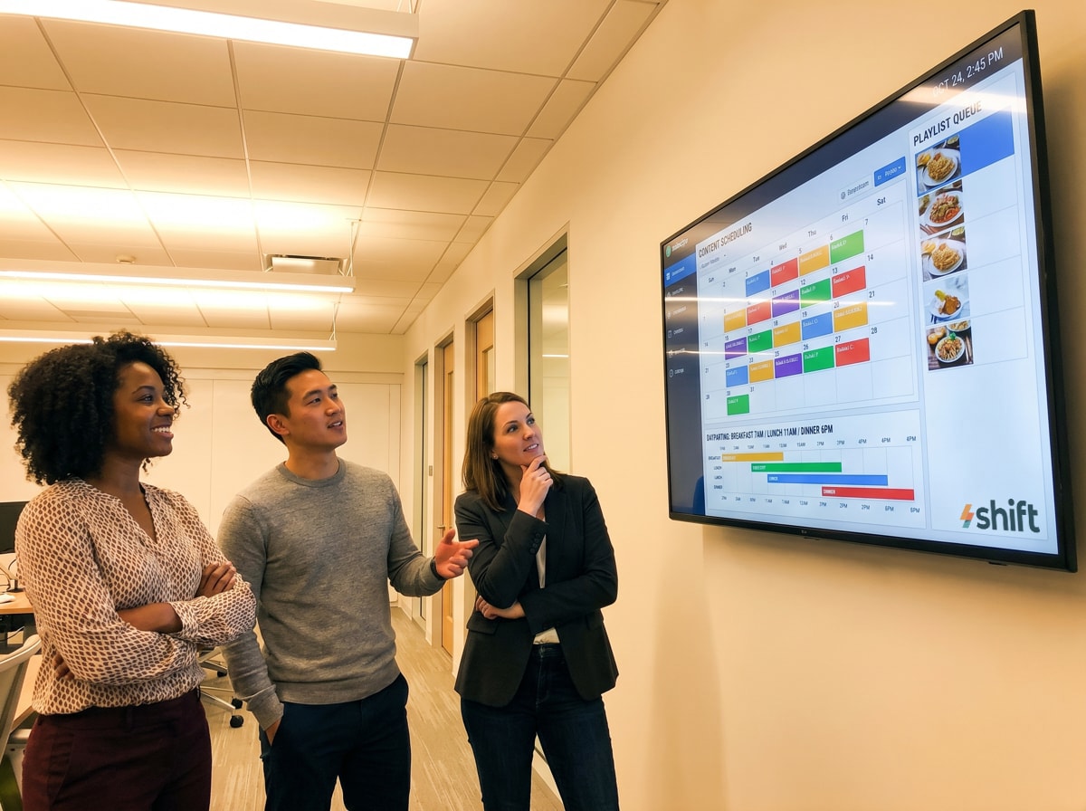 Three colleagues discuss a colorful content scheduling chart displayed on a large screen in a modern office setting.