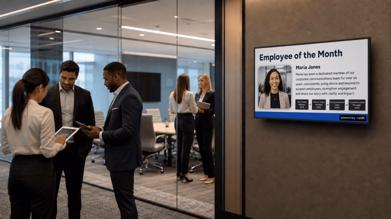 Office hallway with "Employee of the Month" display. Colleagues converse nearby, holding tablets and documents.