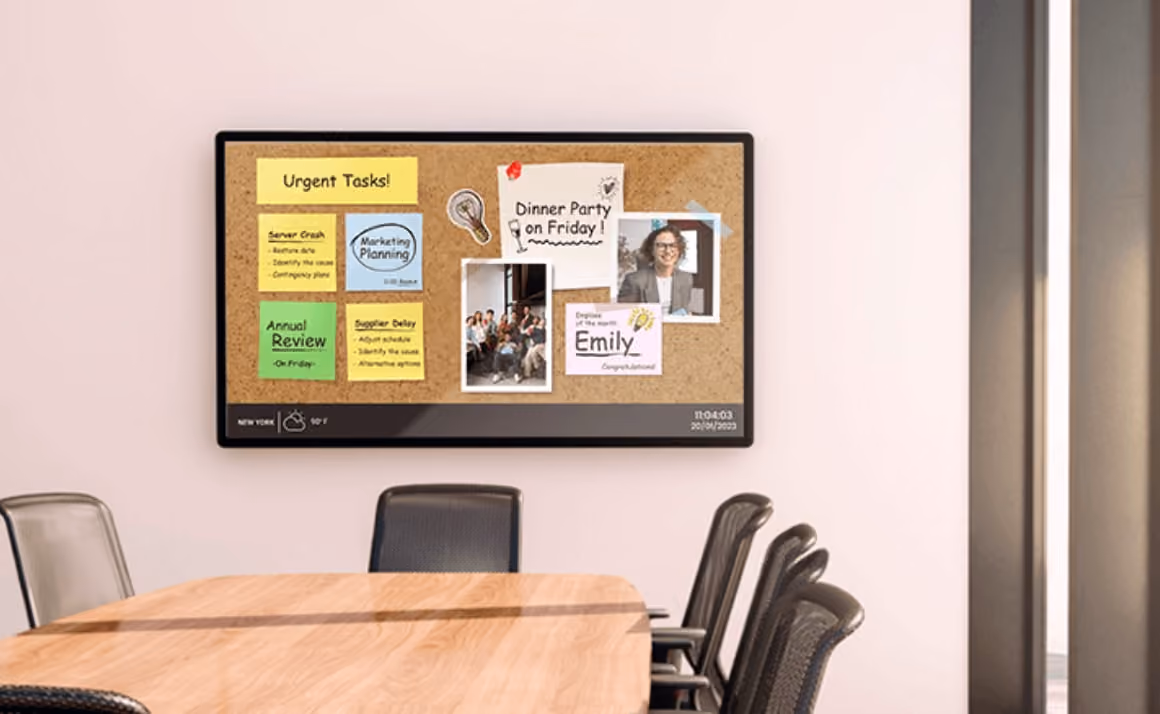 A conference room with a digital board displaying tasks, photos, and notes, including "Urgent Tasks" and "Dinner Party on Friday.