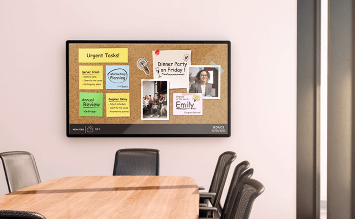 A conference room with a digital board displaying tasks, photos, and notes, including "Urgent Tasks" and "Dinner Party on Friday.