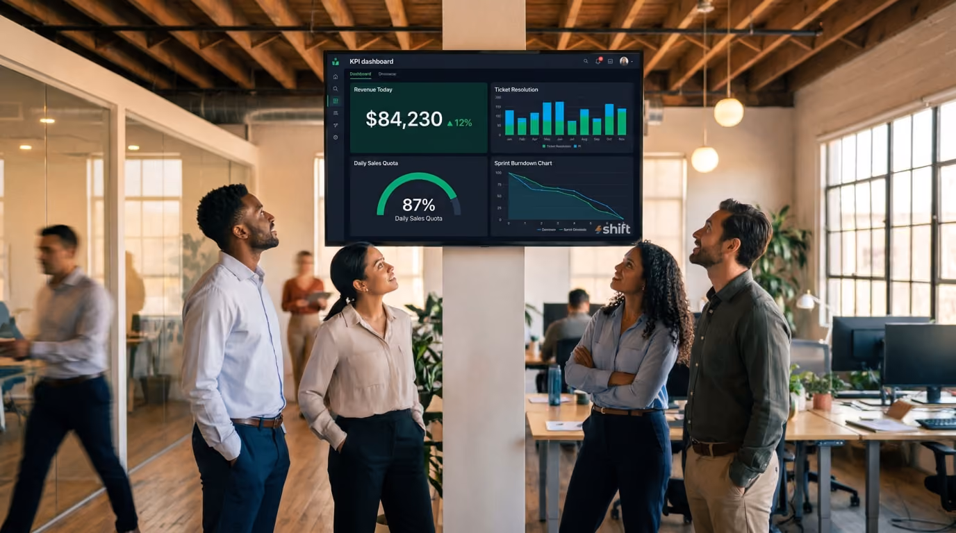 Team reviews KPI dashboard in modern office, showing $84,230 revenue and 87% sales quota on wall screen.