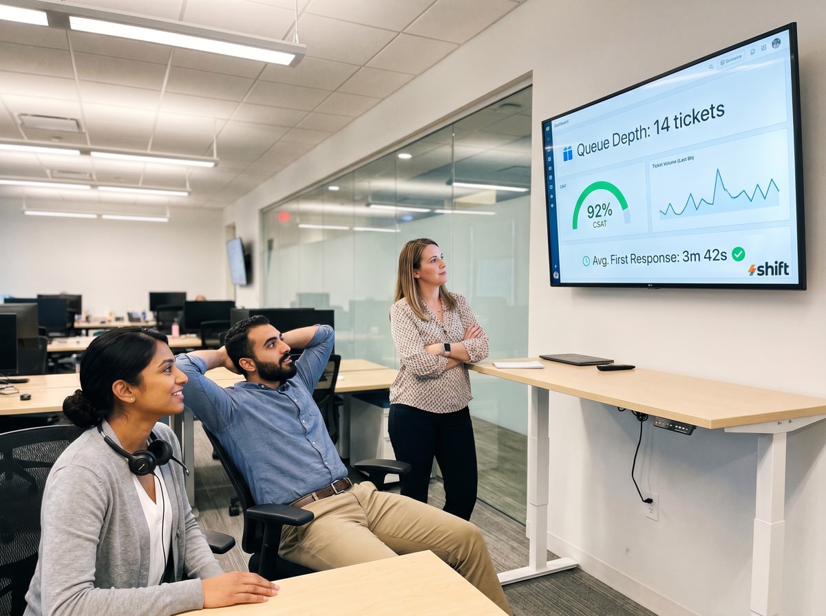 Three colleagues in an office discuss a screen displaying ticket queue depth and customer satisfaction metrics.