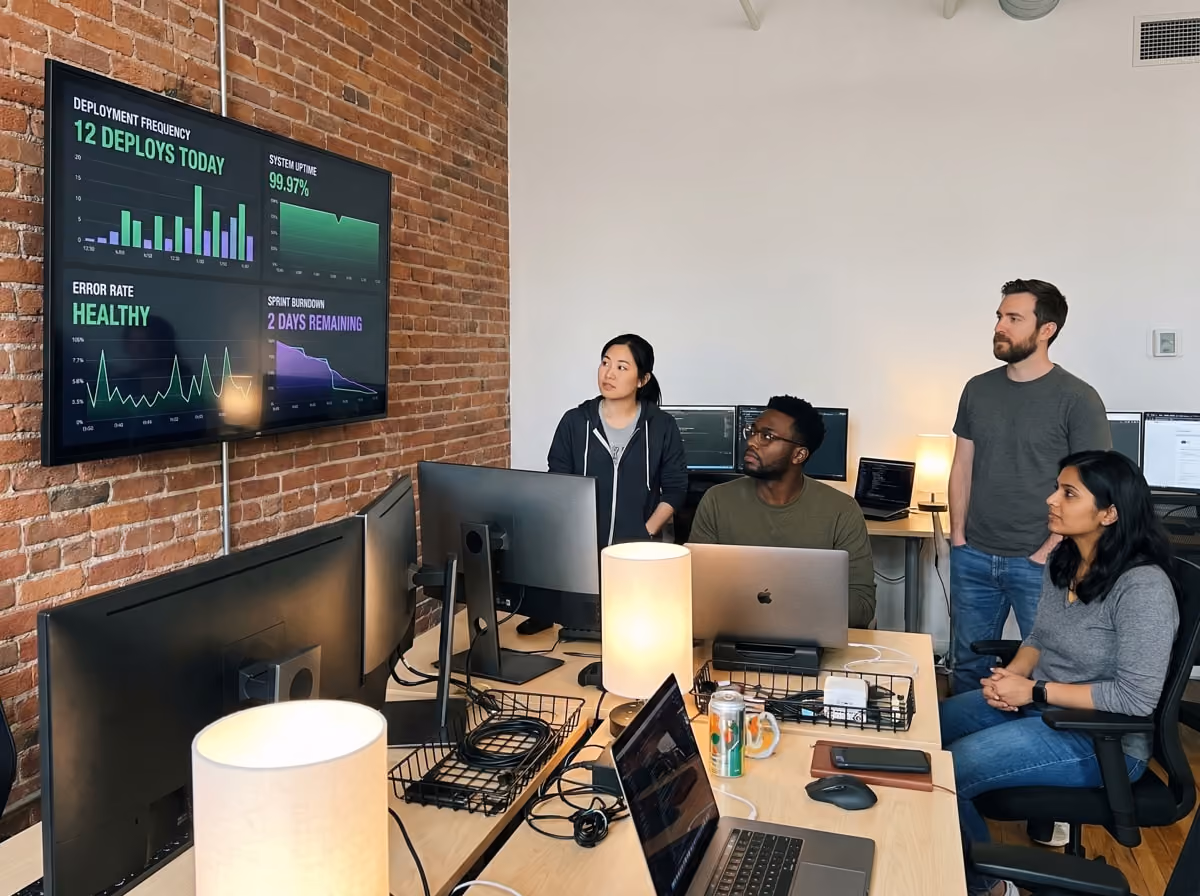Team meeting in office, four people focus on screens showing deployment and error rate data on a brick wall.