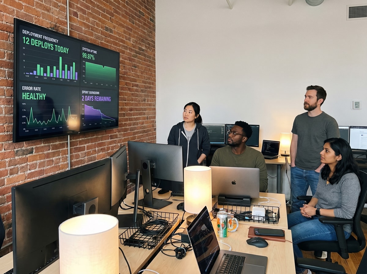 Team meeting in office, four people focus on screens showing deployment and error rate data on a brick wall.
