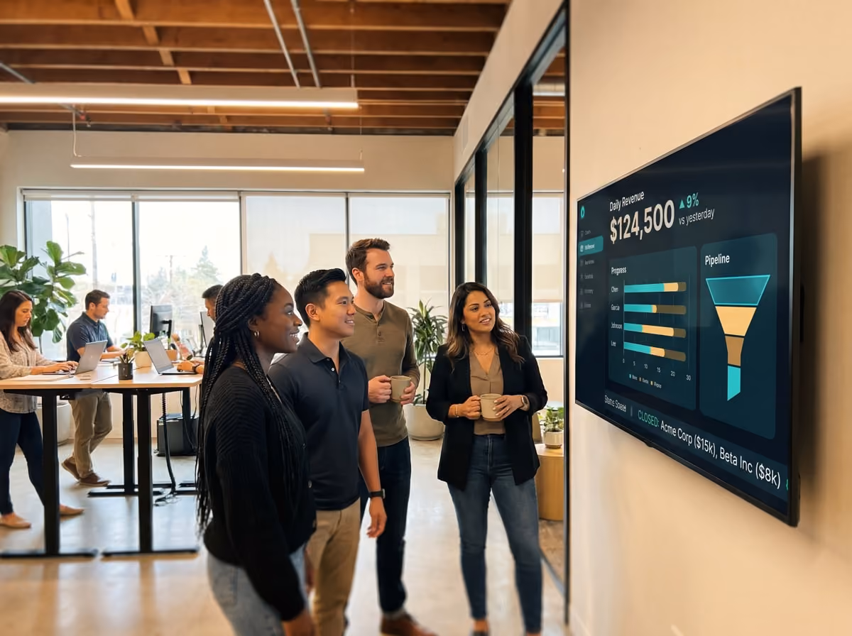 Office team reviews $124,500 revenue on screen, discussing progress and pipeline. Others work at desks in background.