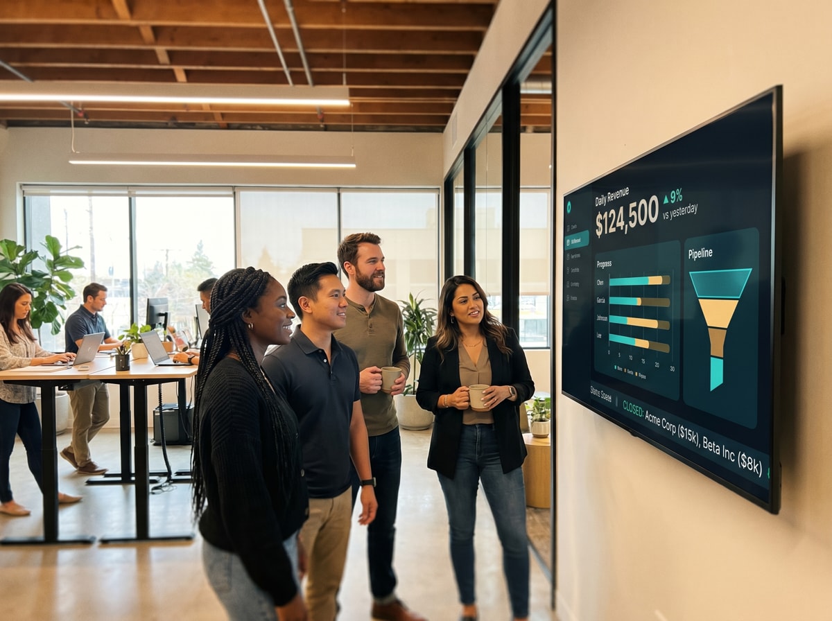 Office team reviews $124,500 revenue on screen, discussing progress and pipeline. Others work at desks in background.
