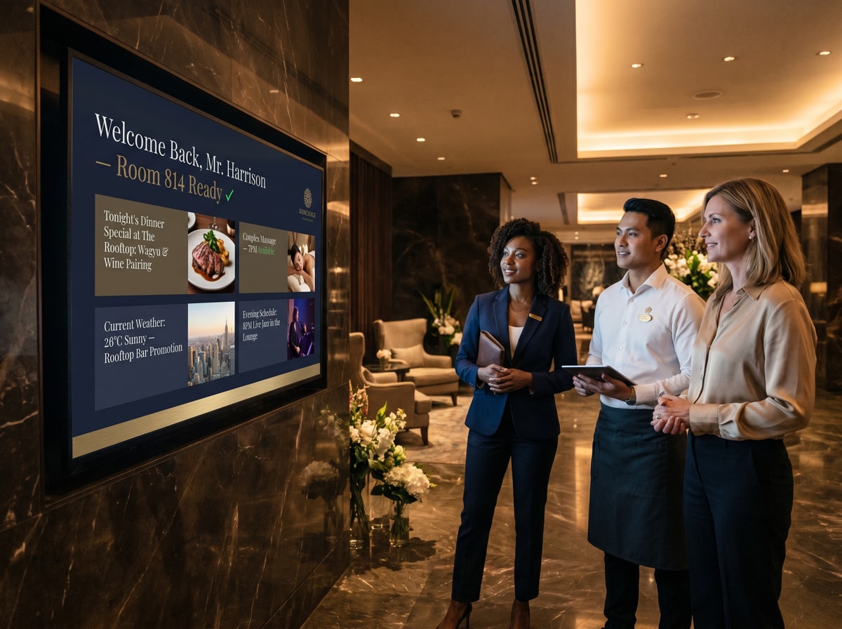 Hotel staff greet a guest in a luxurious lobby, displaying personalized welcome and service options on a digital screen.