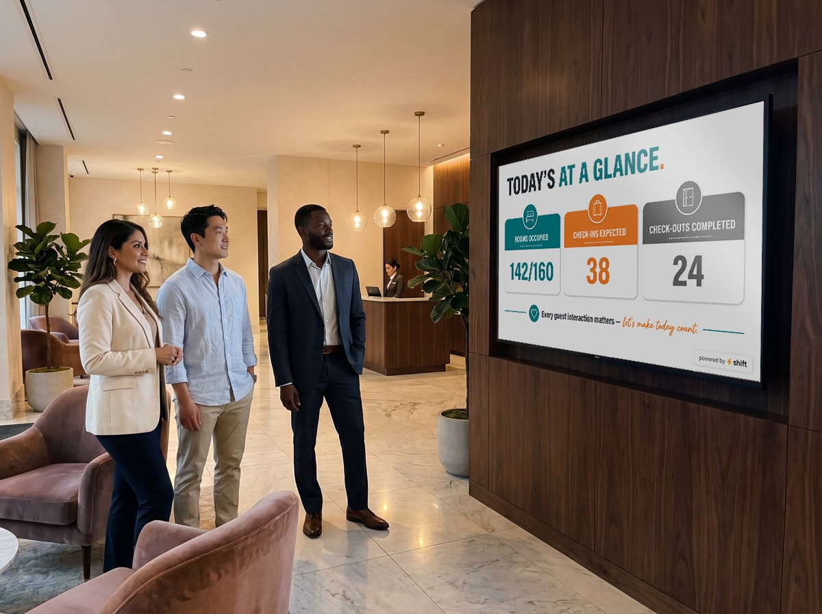 Three people in a hotel lobby view a digital sign displaying tonight's chef special: pan-seared sea bass with wine pairings