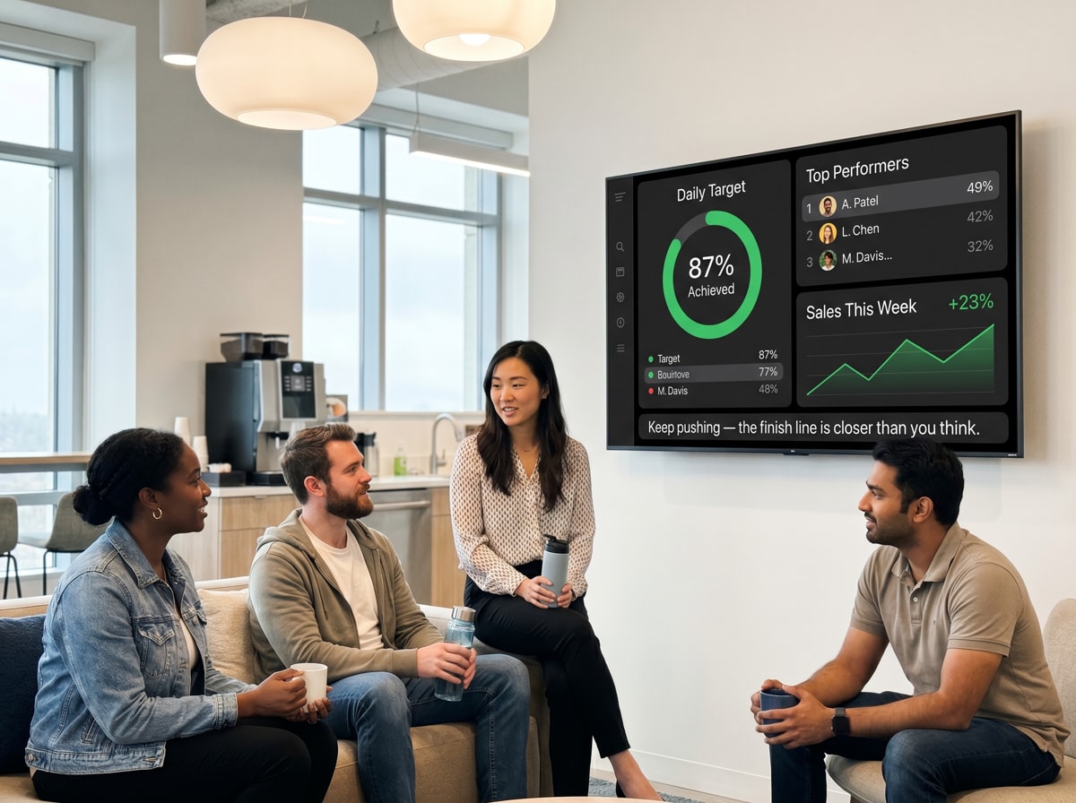 Office meeting with four colleagues discussing progress. Screen shows 87% target achieved and sales up 23% this week.