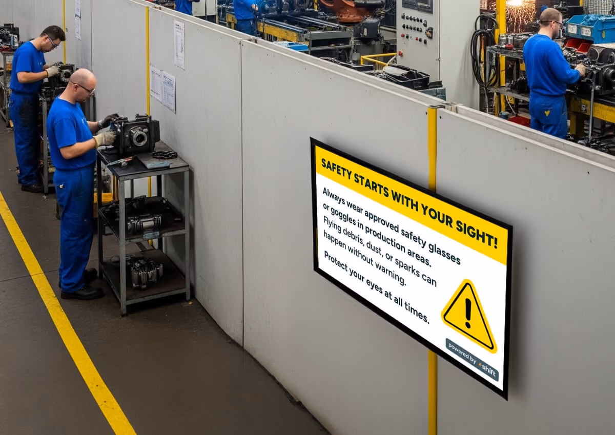 A factory floor sign visible as workers operate machines, showcasing an active manufacturing setting.