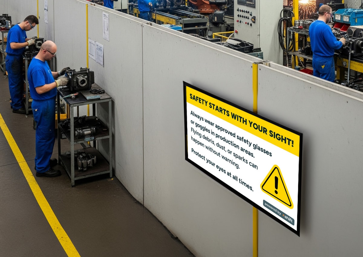 A factory floor sign visible as workers operate machines, showcasing an active manufacturing setting.