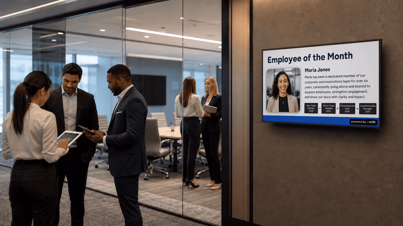 Three people engaging in conversation in a hallway of an office with a digital screen on the wall