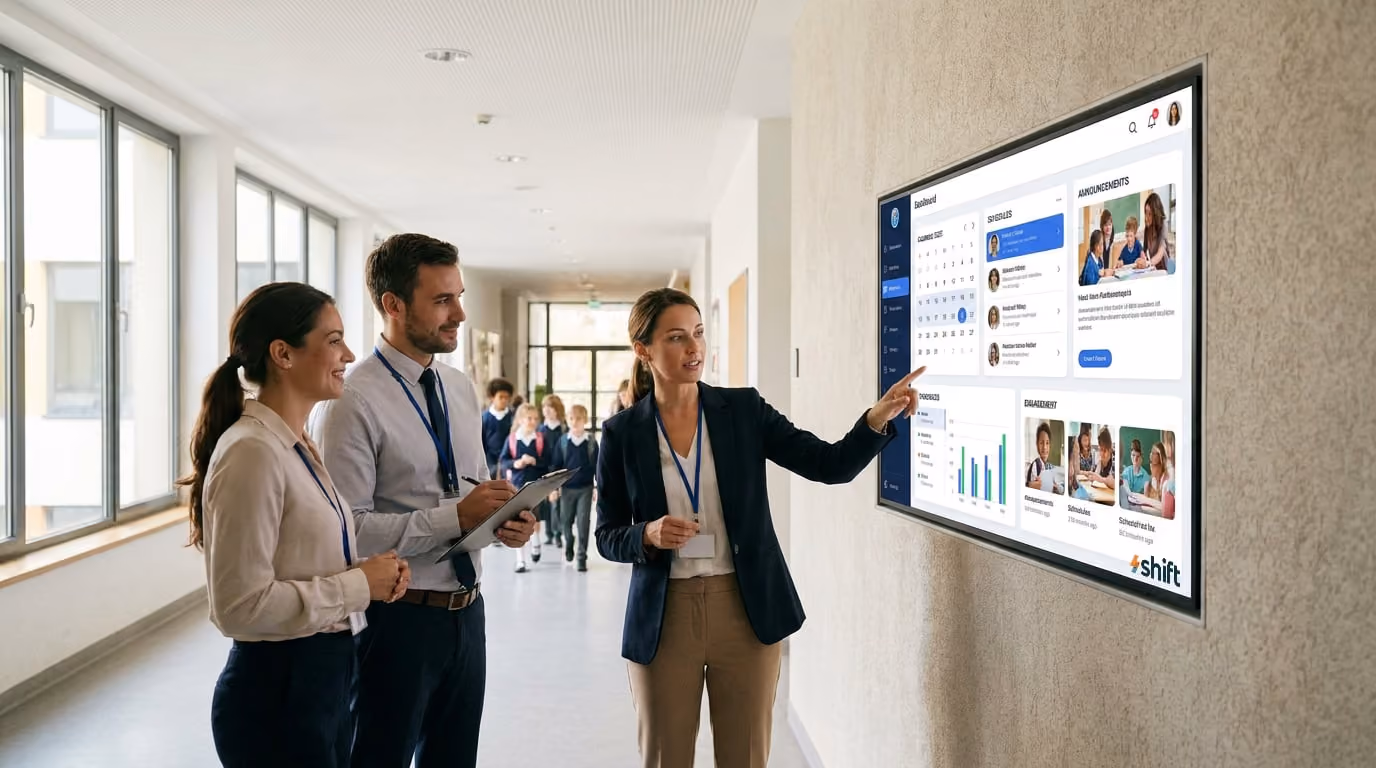 Three individuals stand in front of a large screen, engaged in discussion or presentation.