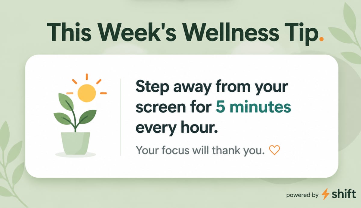 This week's wellness tip: a calming nature scene with a serene lake and trees promoting relaxation and mindfulness.