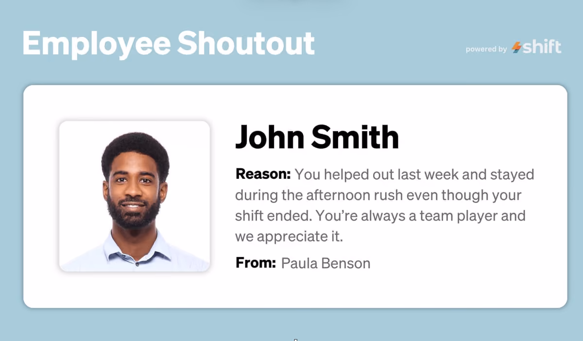 Screenshot thumbnail featuring an employee shoutout, highlighting achievements and contributions of a team member.