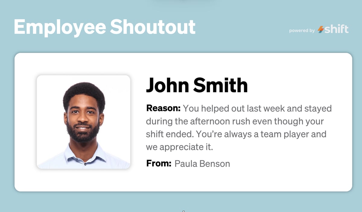 Screenshot thumbnail featuring an employee shoutout, highlighting achievements and contributions of a team member.