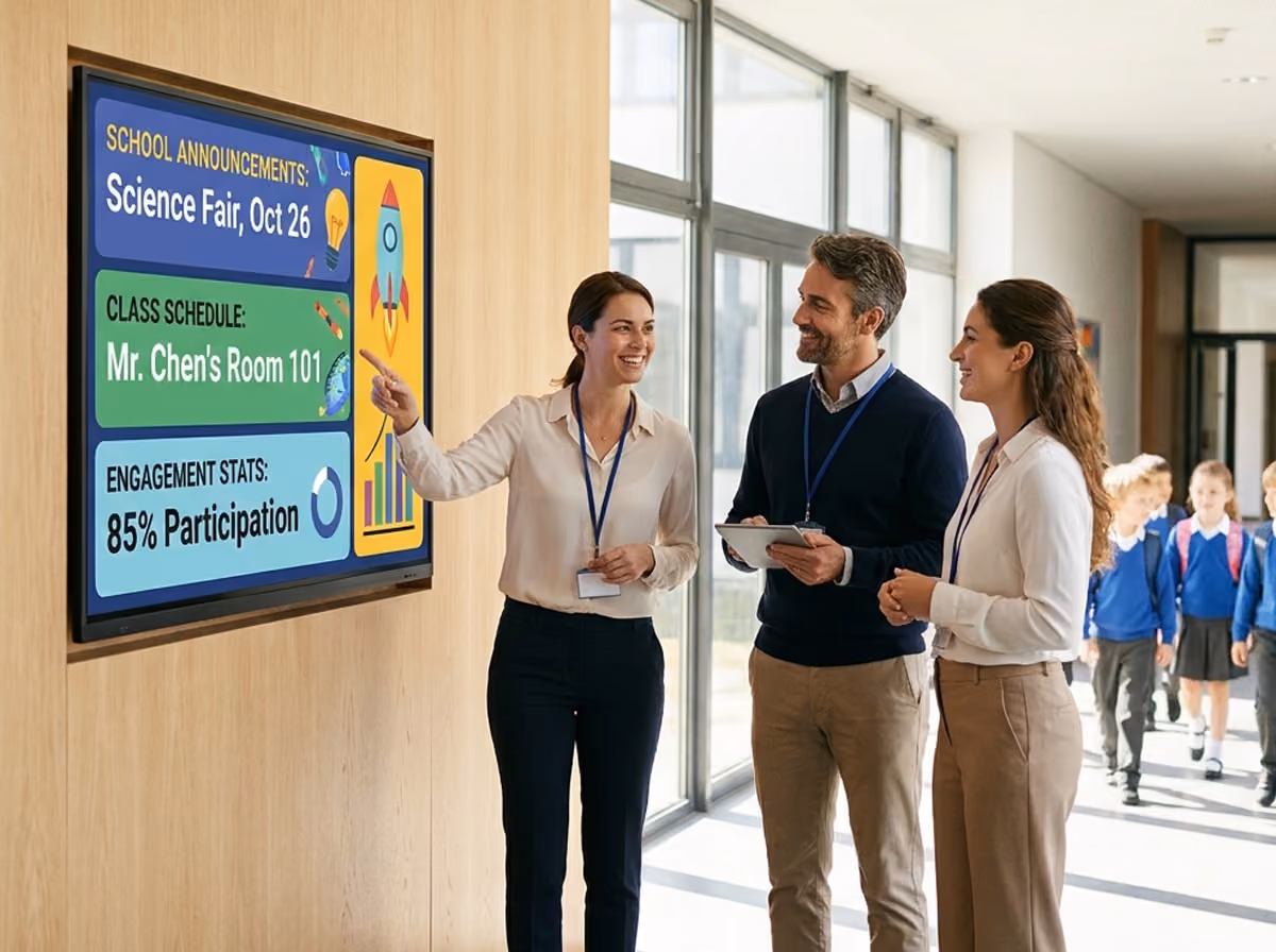 Three people are positioned in front of a large screen, possibly sharing ideas or information related to the content shown.