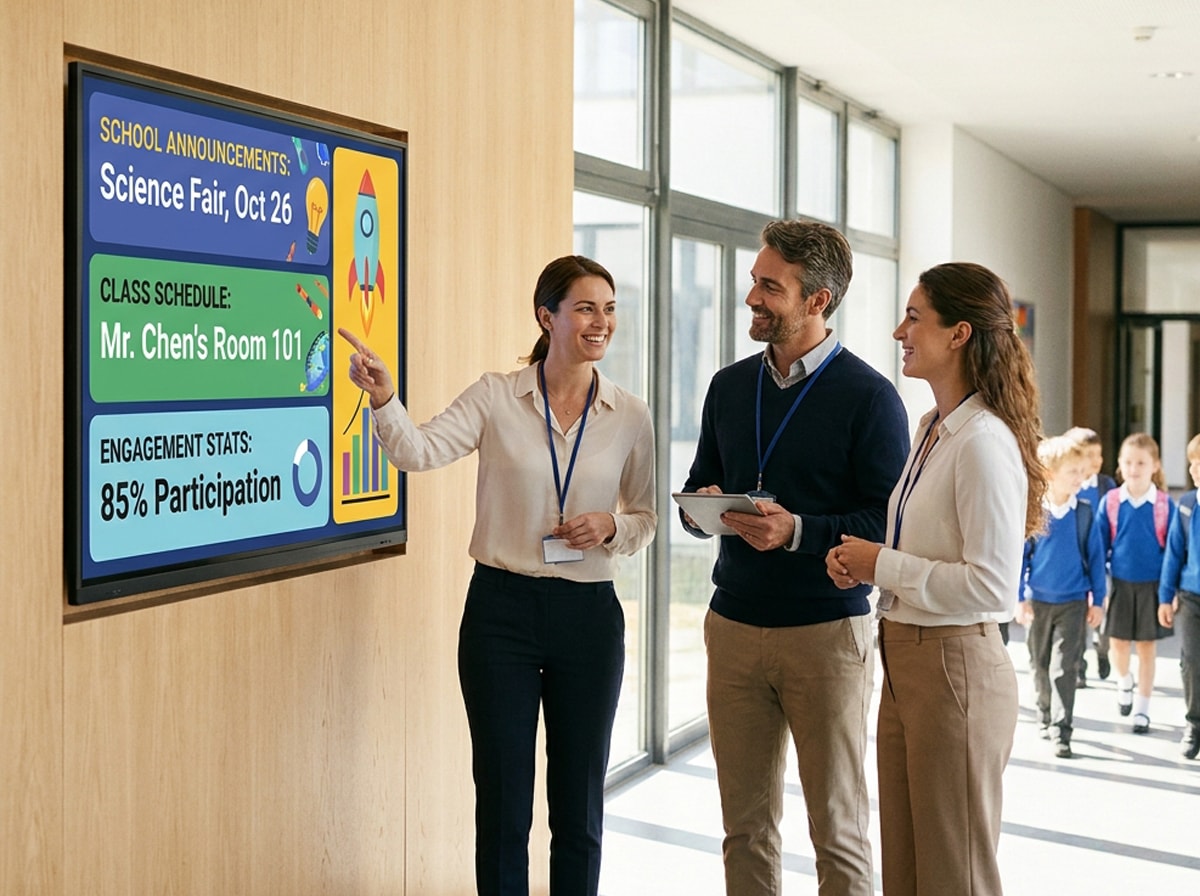 Three people are positioned in front of a large screen, possibly sharing ideas or information related to the content shown.