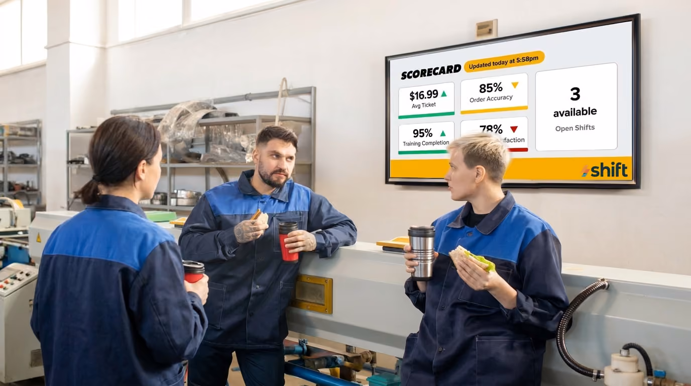 Three individuals in blue overalls stand before a large screen, engaged in discussion or presentation.