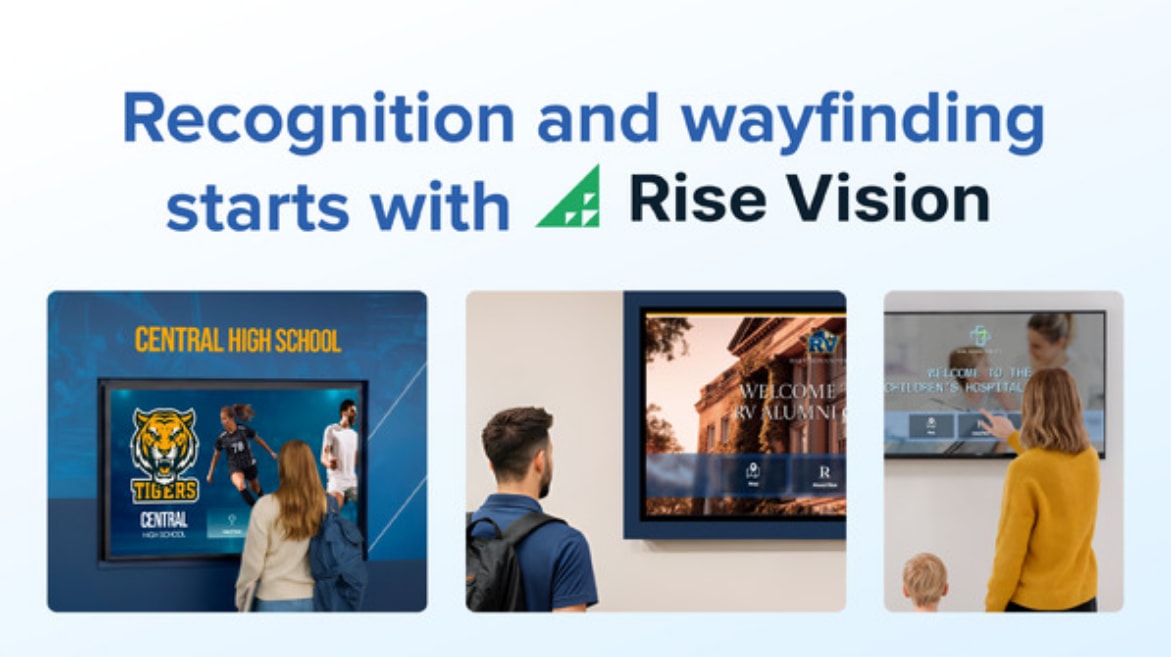 Rise Vision logo with a modern design, symbolizing recognition and wayfinding solutions in digital signage. 