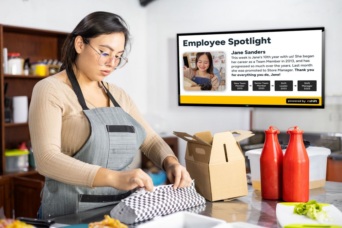 Employee spotlight featuring a professional headshot of an employee with a brief description of their role and achievements.