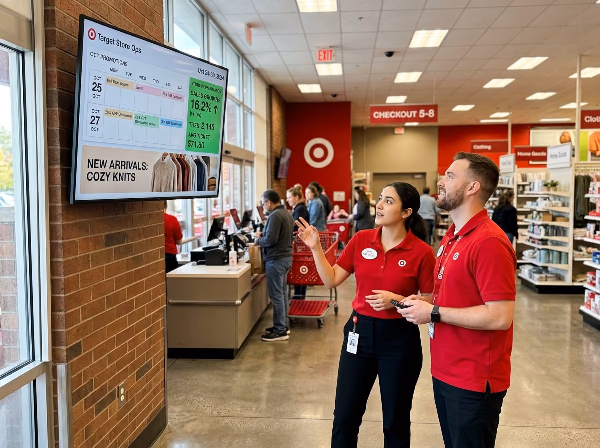 A pair of people stands before a large screen, likely discussing or presenting information displayed.