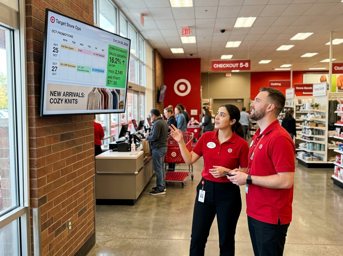 A pair of people stands before a large screen, likely discussing or presenting information displayed.