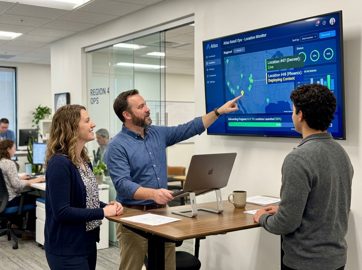 A group of diverse colleagues in an office, focused on a computer screen during a collaborative meeting. 