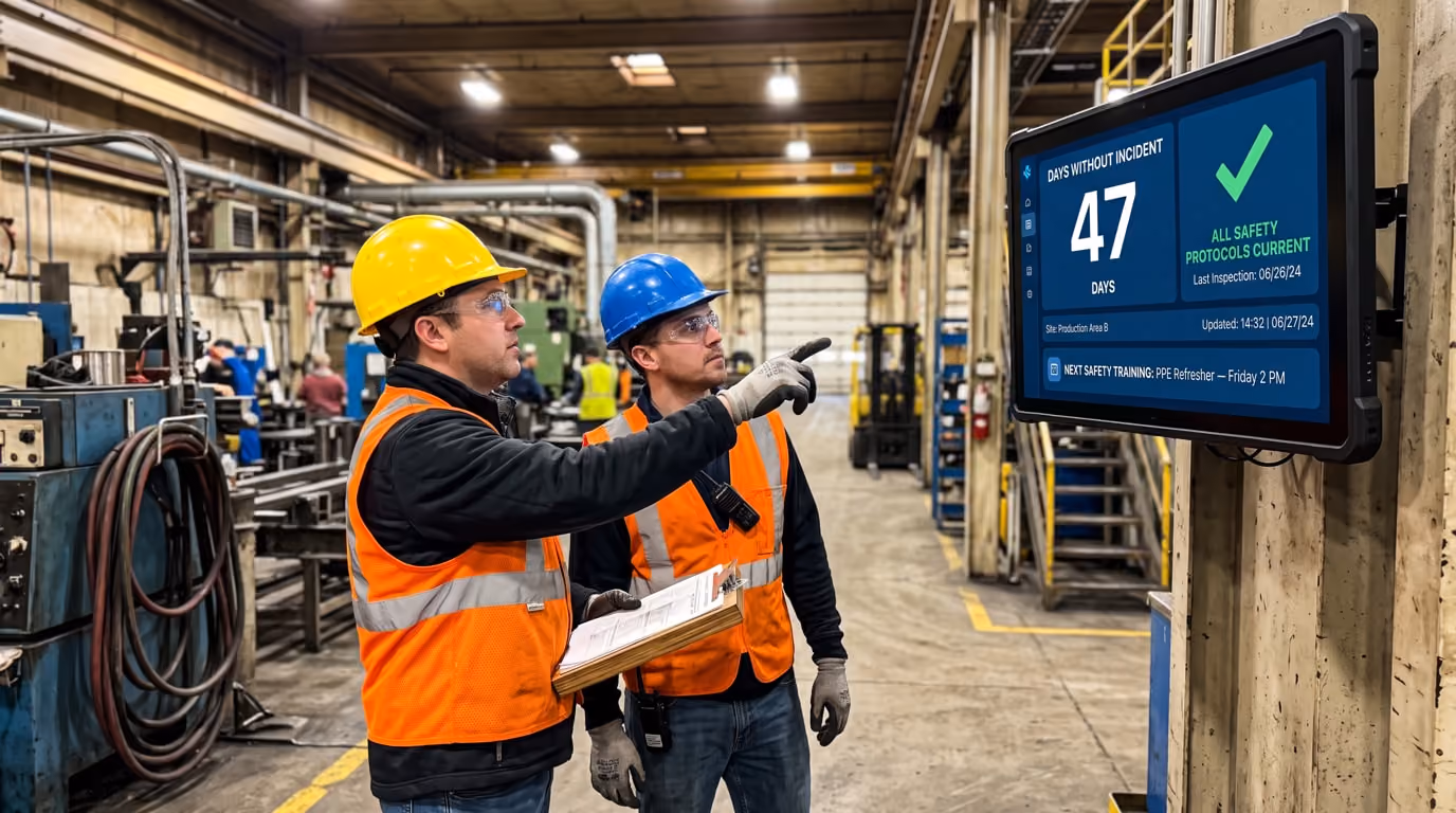 Two men wearing safety vests are focused on a large screen, likely reviewing important information or project details.
