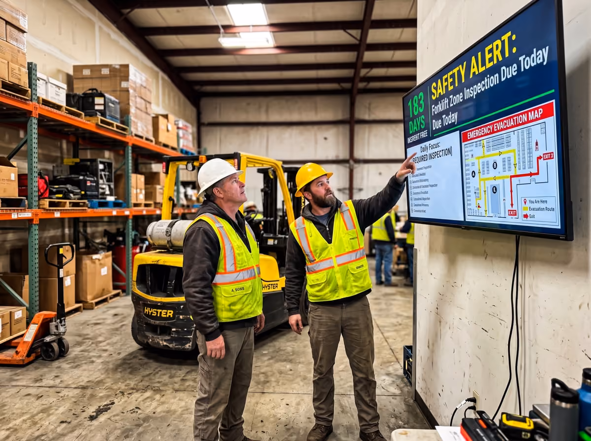 Two men in safety vests observe a large screen displaying data or information in a professional setting. 