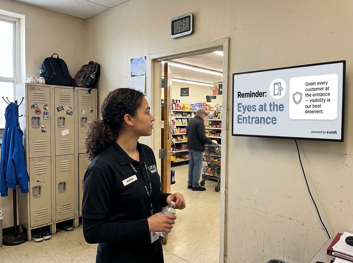 A minimarket employee near the staff entrance looking at a digital signage screen with a reminder about greeting customers as a theft deterrent, with the shopping floor visible in the background.