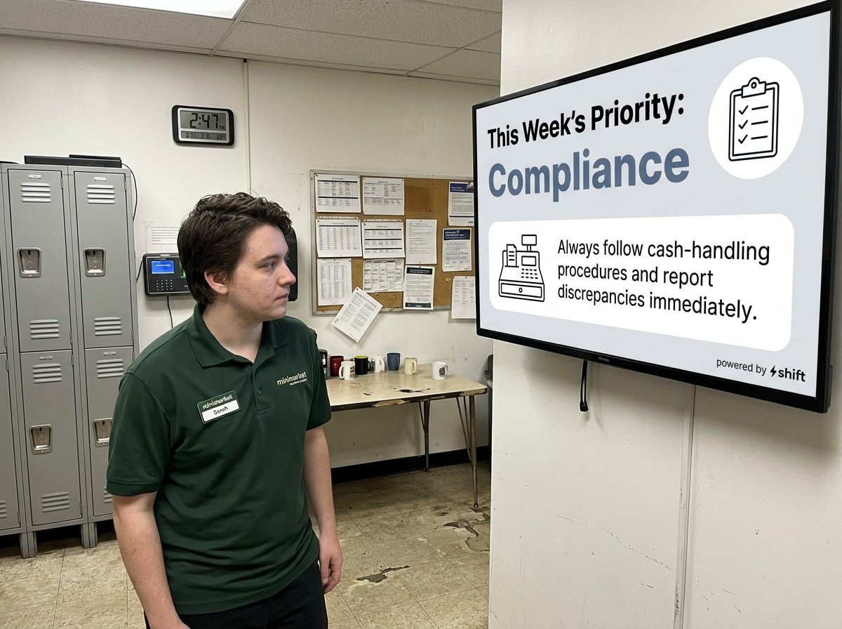 A minimarket employee standing in a break room, looking at a digital signage screen that displays a "This Week's Priority: Compliance" cash-handling reminder.