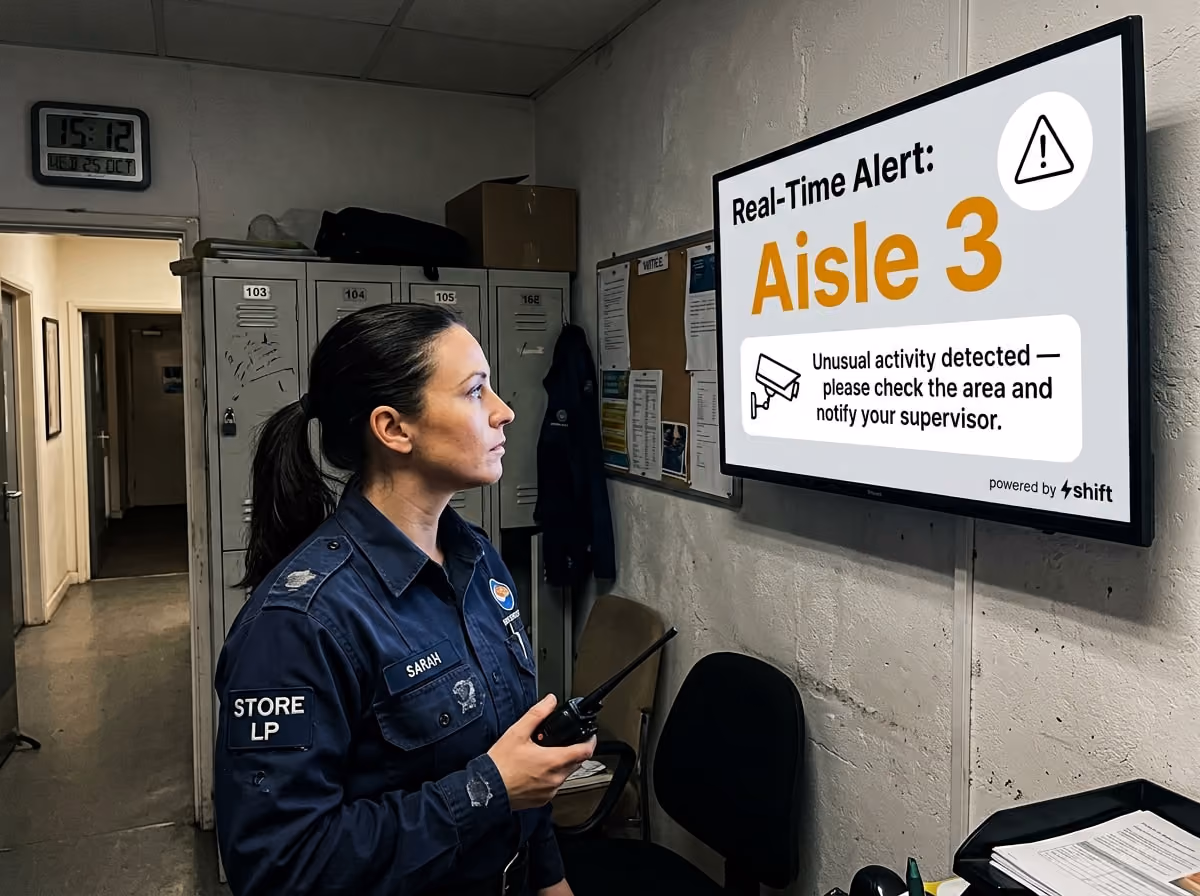 A loss prevention employee in a dimly lit break room looking at a digital signage screen showing a real-time alert about unusual activity in Aisle 3.