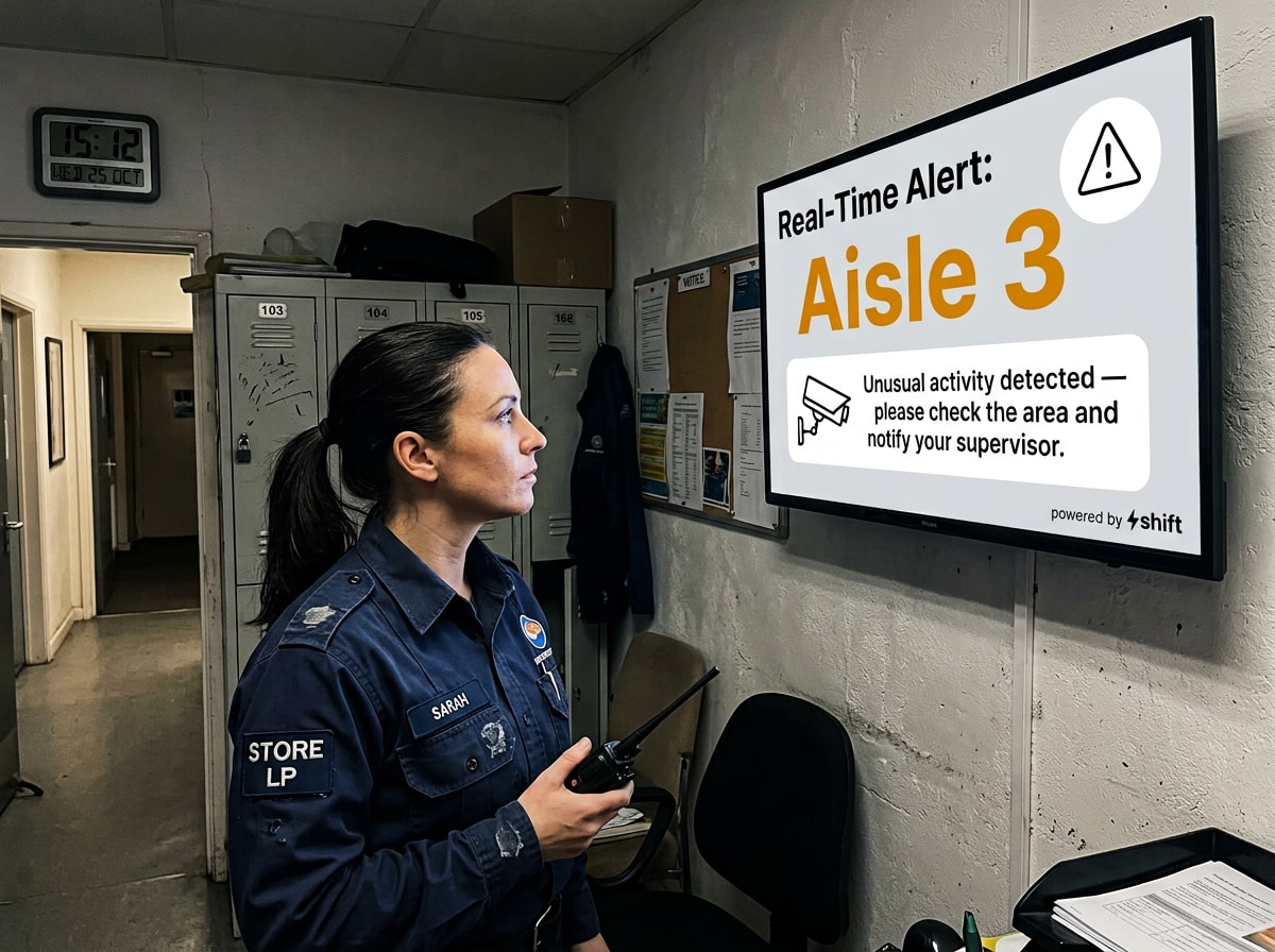 A loss prevention employee in a dimly lit break room looking at a digital signage screen showing a real-time alert about unusual activity in Aisle 3.