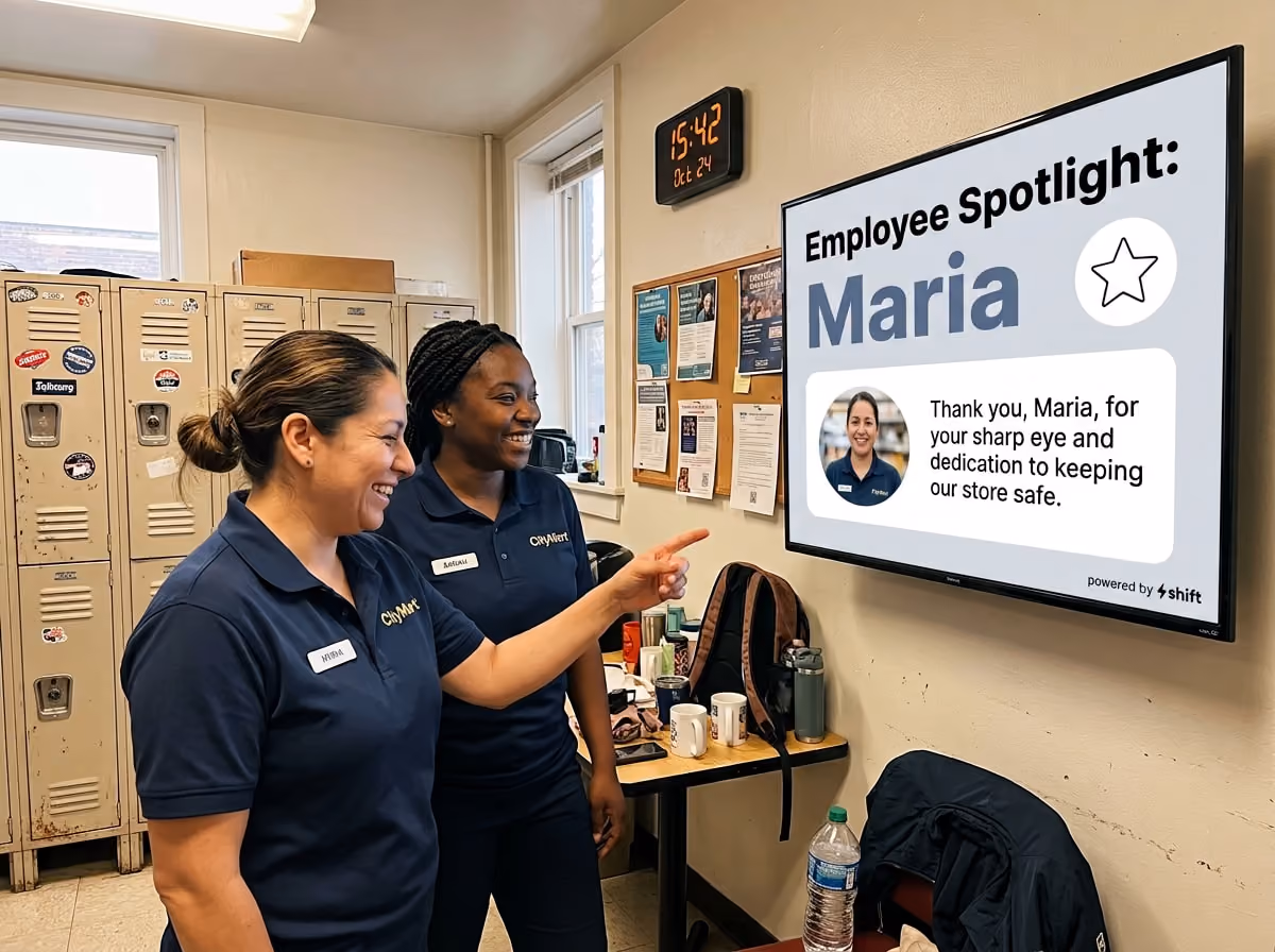 Two minimarket employees smiling while looking at a digital signage screen showing an "Employee Spotlight" card with a circular photo of employee Maria and a thank-you message.