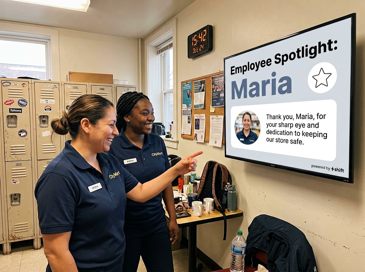 Two minimarket employees smiling while looking at a digital signage screen showing an "Employee Spotlight" card with a circular photo of employee Maria and a thank-you message.