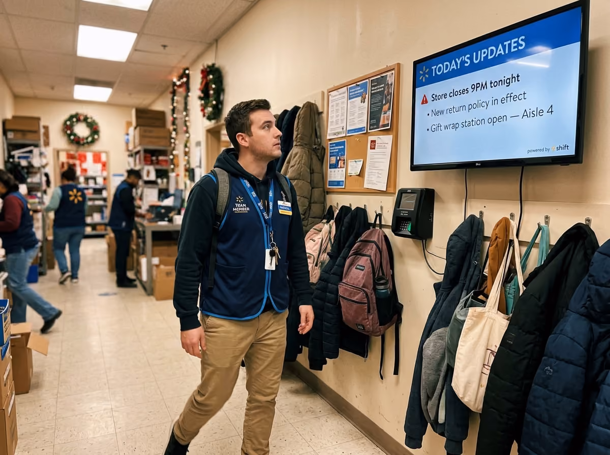 A man wearing a blue jacket walks through the aisles of a store, browsing the merchandise around him.