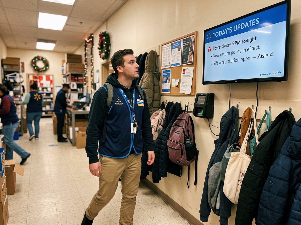 A man wearing a blue jacket walks through the aisles of a store, browsing the merchandise around him. 