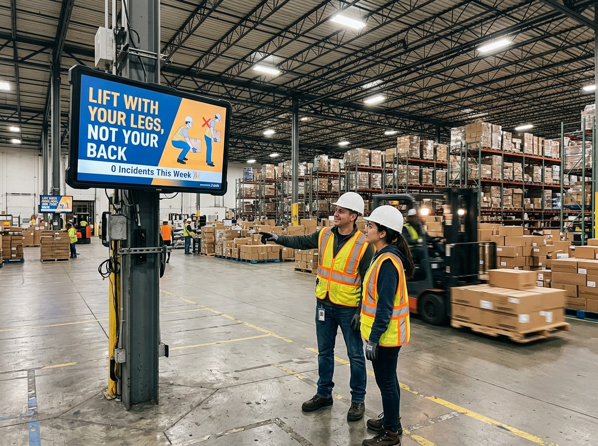 Two individuals stand in a warehouse, facing a large screen displaying information or visuals. 