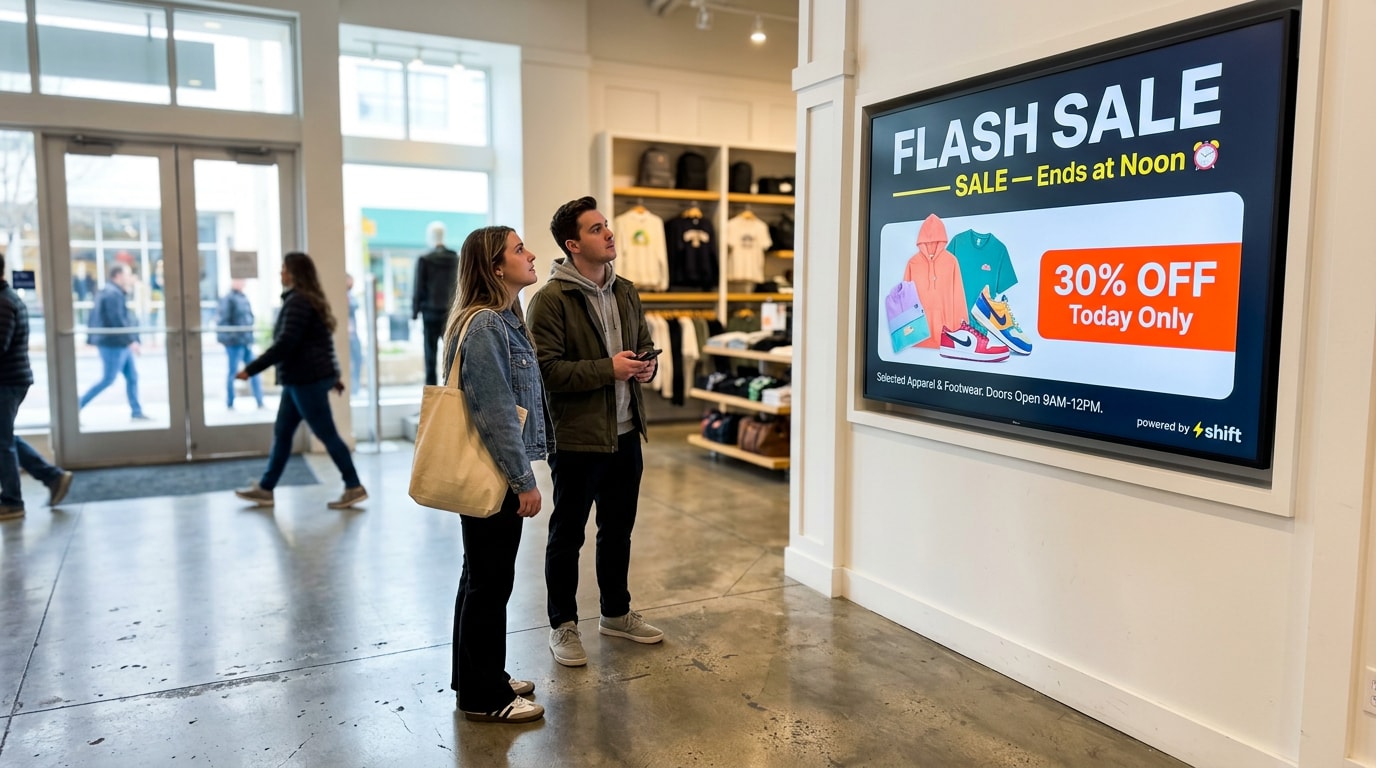 Two individuals stand before a large screen displaying a festive Christmas message.