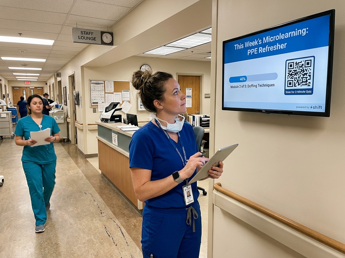 Two nurses stand in a hospital hallway, one holding a tablet, discussing patient information.