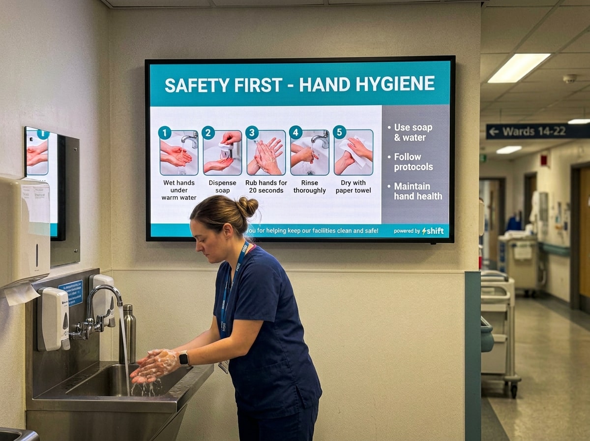 A nurse in scrubs washing her hands at a sink in a hospital bathroom, emphasizing hygiene practices.
